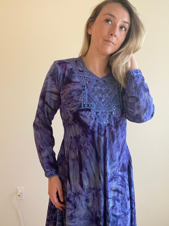 Vintage 70s Tie Dye Purple Long Sleeve Dress