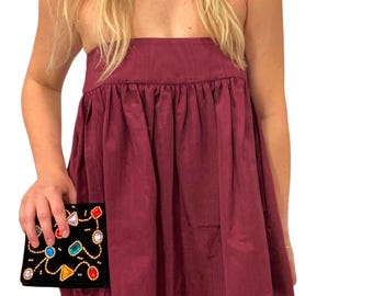 robe rouge vintage des années 80 ; Robe de soirée bordeaux en taffetas moiré et soie
