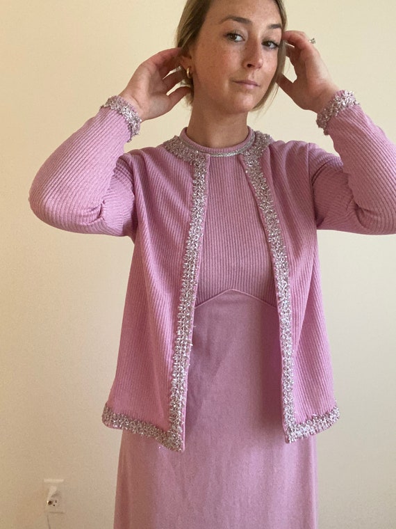Vintage 60s Mod Pink Shimmer Knit Maxi Dress w Mat