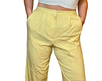 Vintage Ankle Cropped Linen Pants HIgh Waisted Light Butter Yellow Linen Pants
