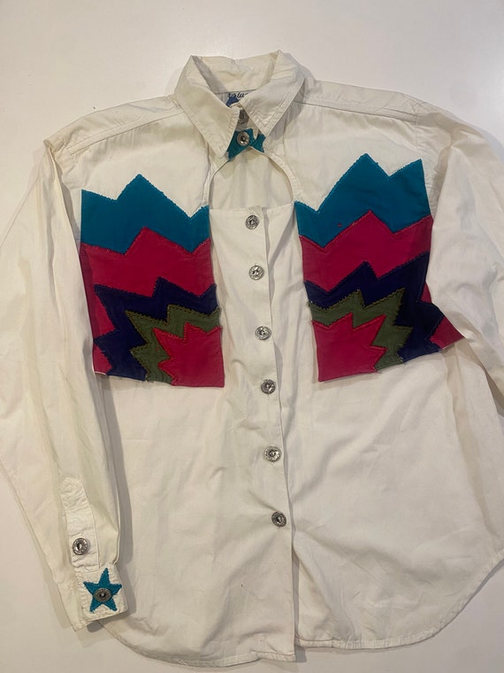 Funky Vintage 80s 90s Western Suede Patchwork Shi… - image 10