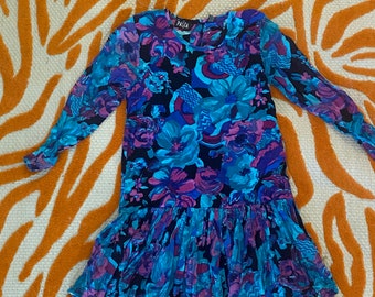 Vintage 80s 90s Floral Cotton Drop Waist Ruffle Dress