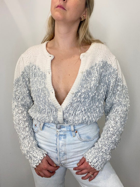 Vintage White Gray Knitted Puff Sleeve Cardigan