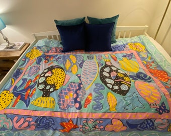 Rare Vintage Ken Done 1985 Group of Fishes Reversible Duvet Cover & Comforter Set of Two Full Queen Sized