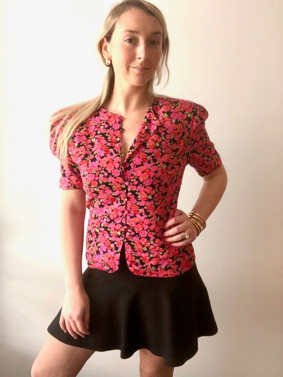 Vintage 80s Floral Pink Puff Sleeve Blouse Medium