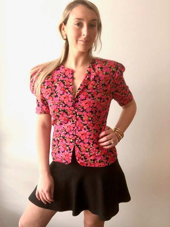 Vintage 80s Floral Pink Puff Sleeve Blouse Medium - image 3