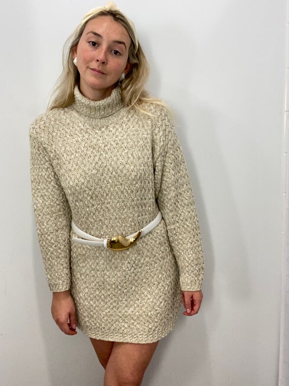 Vintage Oatmeal Oversized Turtleneck Sweater Dress