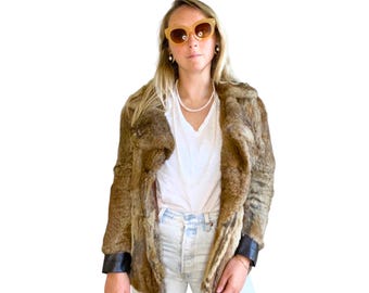 Vintage 70s Rabbit Fur and Leather Bomber Jacket