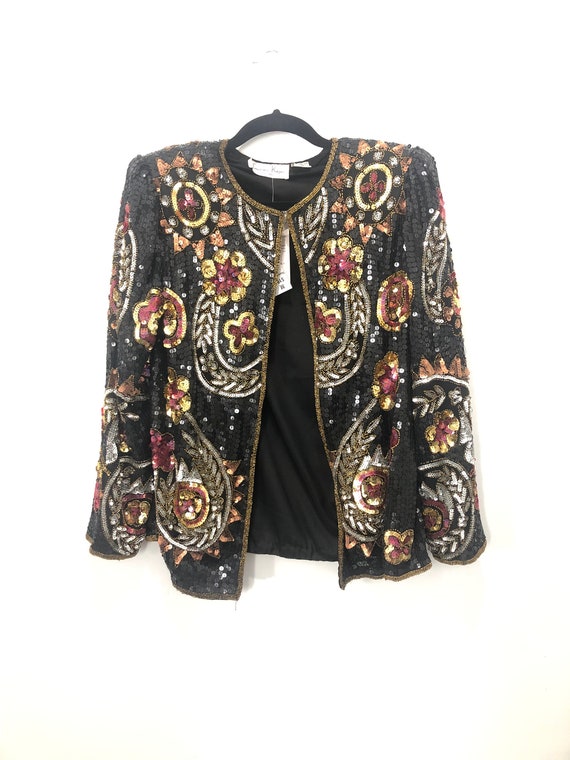 Vintage 1980s Floral Sequin Beaded Blazer Jacket M