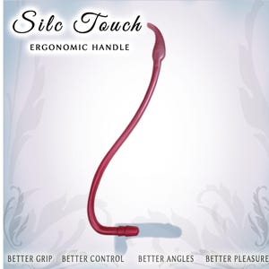 May include: A dark pink, curved, ergonomic handle labeled Silc Touch. The text reads Silc Touch, ERGONOMIC HANDLE, BETTER GRIP, BETTER CONTROL, BETTER ANGLES, and BETTER PLEASURE. The object features a long, slender, S-shaped design with a rounded tip.