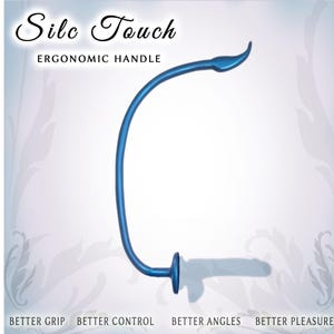 May include: A blue curved ergonomic handle labeled Silc Touch. The text reads Silc Touch, Ergonomic Handle, Better Grip, Better Control, Better Angles, and Better Pleasure. The handle features a smooth, slender, C-shaped design with a flared base.