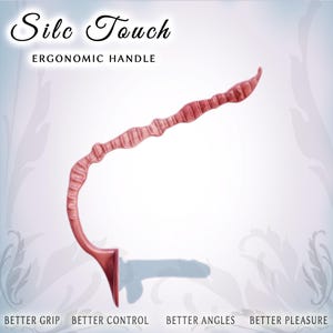 May include: A curved, reddish-brown ergonomic handle with a textured, wavy surface. The text Silc Touch ERGONOMIC HANDLE appears at the top, and the text BETTER GRIP BETTER CONTROL BETTER ANGLES BETTER PLEASURE appears at the bottom.
