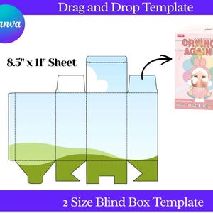 Puede incluir: Una plantilla de Canva para una caja ciega de 2 tamaños, con un diseño de hoja de 21,6 x 27,9 cm. El diseño incluye un paisaje verde y azul. Una maqueta de caja muestra el texto "CRYING AGAIN" y una ilustración de muñeca.