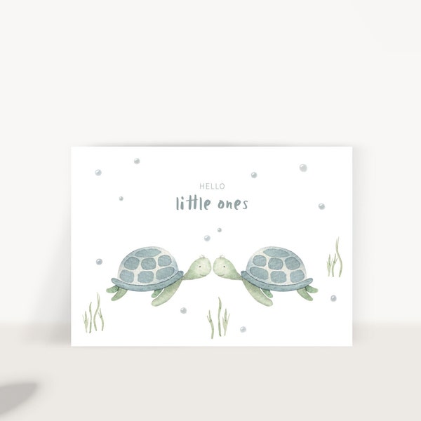 Postkarte Zwillinge Schildkröten – Karte Geschenk zur Geburt Hello little ones Geburtsgeschenk Geburtskarte Mama Geburt