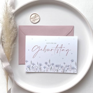 Carte d'anniversaire pliante "Happy Birthday" avec prairie fleurie aquarelle - avec enveloppe et cachet de cire en option