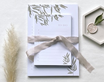 Notepad &quot;Olive branch&quot; – TO-DO notepad, 50 sheets, natural paper, watercolor olive branches, in DIN A5 & A6