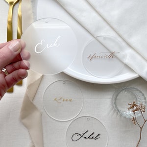 Coloque cartões de caligrafia acrílica redonda-cartão de nome personalizado cartão de lugar presente de convidado de casamento fosco transparente fosco