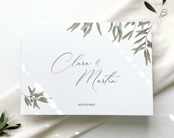 Guestbook wedding "Olivenzweig" – personalized, natural paper, with questions to fill in or blank pages, DIN A4 landscape