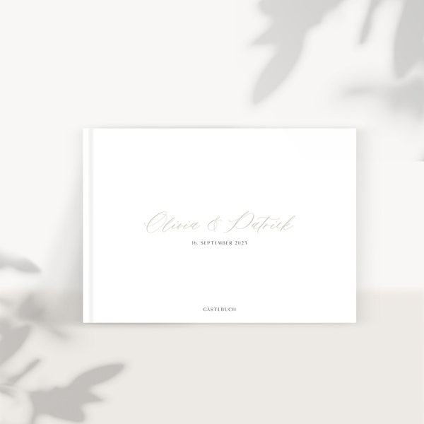 Gästebuch Hochzeit "Kalligrafie" – Gästebuch Hochzeit, personalisiert, Naturpapier, Fragen zum Ausfüllen oder Blanko-Seiten, DIN A4 quer