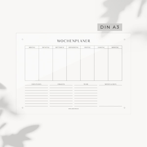 Weekly planner DIN A3 acrylic wipeable weekly planner menu planner our week wall planner wall calendar to do acrylic glass