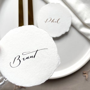 Place cards calligraphy handmade paper - round white name card handmade paper calligraphed individually personalized