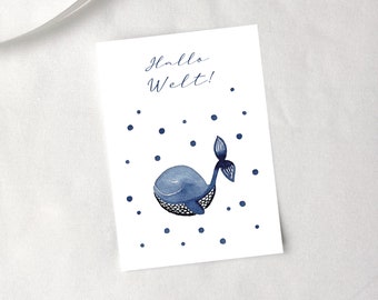 Ansichtkaart "Hello World!" met walvis - wenskaart geboortecadeau voor babykaarten, met envelop