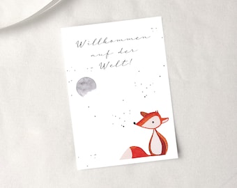 Postcard "Welcome to the World" with Fox & Moon – Greeting Card Baby Card Birth Gift, with Envelope