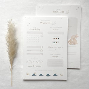 May include: A printable baby memory tracker with a calendar, space to record the baby's birth time, weight, length, first words, and hair and eye color. The tracker also includes a section for the weather on the day of the baby's birth and a cute illustration of two bunnies.