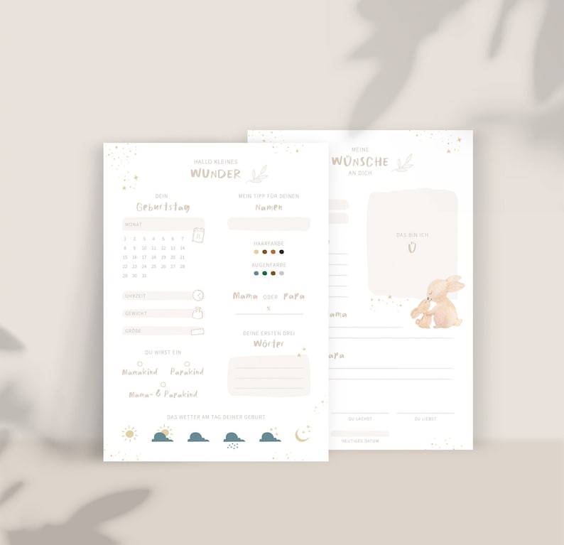 May include: A printable baby memory book with a light brown background and gold stars. The book includes sections for recording the baby's birthdate, time, weight, length, hair color, eye color, first words, and more. The book also includes a section for recording the weather on the day of the baby's birth.