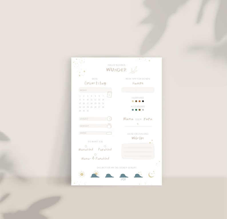 May include: A printable baby shower or birth announcement checklist with a light beige background and gold stars. The checklist includes sections for the baby's name, birthday, hair and eye color, weight, length, and first words. The text "Hallo kleines Wunder" is at the top of the page.