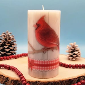 Cardinal Candle, Christmas Pillar Candle, Christmas Decorative Candle, Holiday Pillar Candle, Hand Decorated Candle, Wax Red Bird Candle