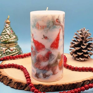 Gnome Candle, Christmas Pillar Candle, Christmas Decorative Candle, Holiday Pillar Candle, Hand Decorated Candle, Wax Gnome Candle