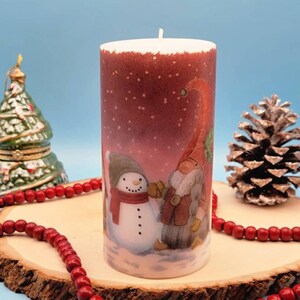 Gnome Candle, Christmas Pillar Candle, Christmas Decorative Candle, Holiday Pillar Candle, Snowman Pillar Candle, Hand Decorated Candle, Wax