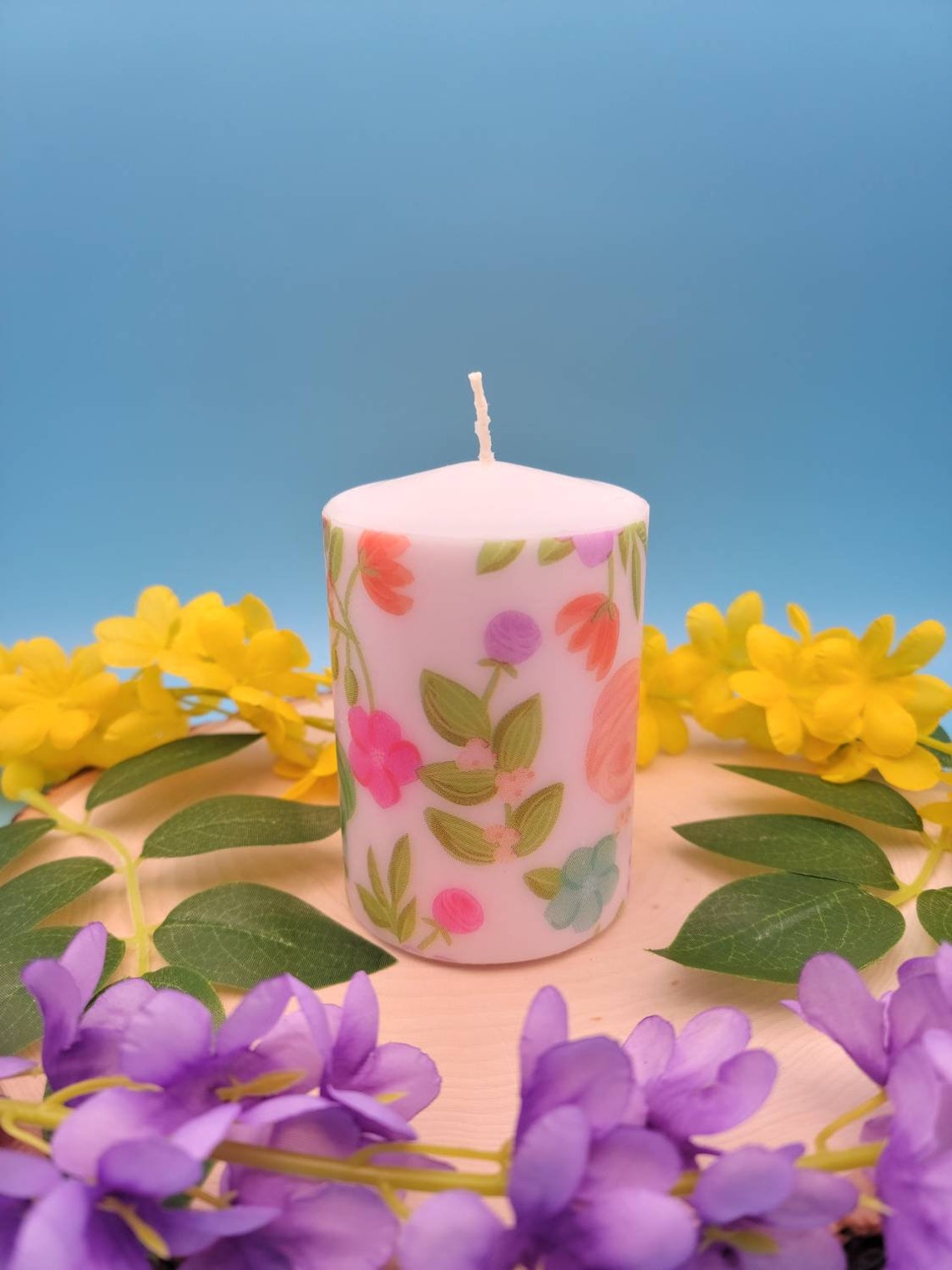 Flower Decorated Candle Spring Pillar Candle Decorative Etsy