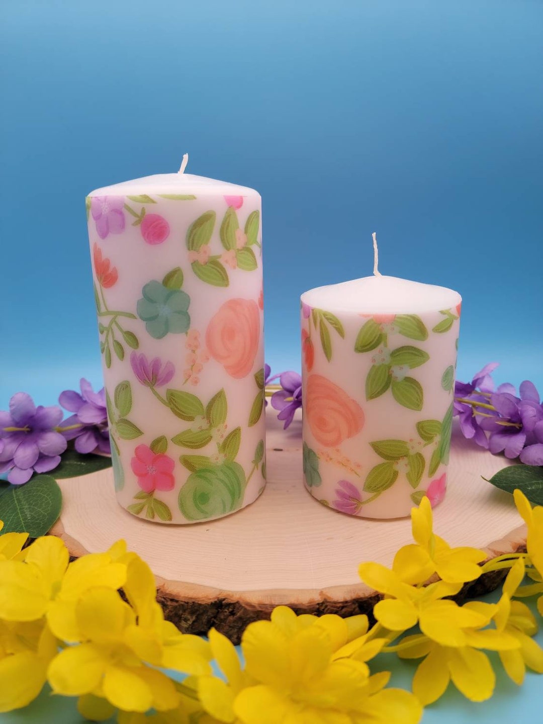 Flower Decorated Candle Spring Pillar Candle Decorative Etsy