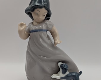 Lladro Nao Porcelain Figurine of Dancing Girl With Playful Puppy