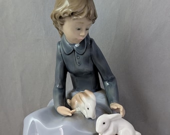 Collectable Lladro Nao Figurine  - Young Girl Sitting On A Log With A Rabbits - "Peaceful Moment" #1026