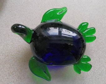 Large Studio Glass Blue And Green Turtle Paperweight