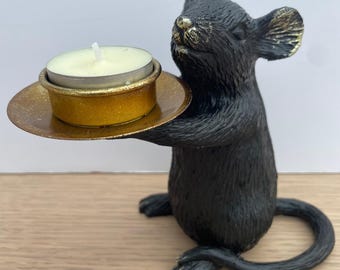 Black Antiqued Gold Mouse Tea Light Candle Holder – Whimsical Home Decor