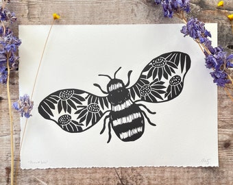Flower Bee Lino print, handprinted. Botanical art, Flower, Bumblebee, Nature wall art decor.