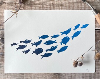 Cheeky fish lino print, Swim, Ocean sea lincocut