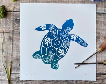 Sea turtle ocean linoprint, handprinted, shell, bathroom print, swim, linocut, nautical, beach, lino, wall decor