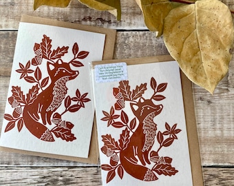 Autumn fox greetings card in red - Blank forest woodland acorn gift card, original handprinted linocut