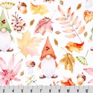 May include: A white background with a repeating pattern of watercolor illustrations. The pattern includes gnomes with white beards and pointed hats, along with autumn leaves, acorns, pinecones, and mushrooms. The color palette features shades of orange, green, and brown.