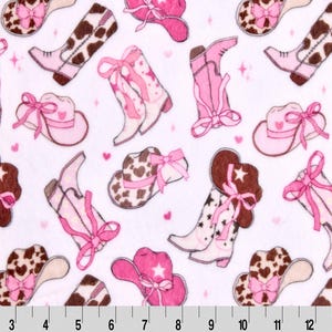 May include: A repeating pattern of pink cowboy boots, hats, and bows on a white background. The boots feature star and cowhide designs. The hats have heart and star accents. Small pink hearts and sparkles are scattered throughout.