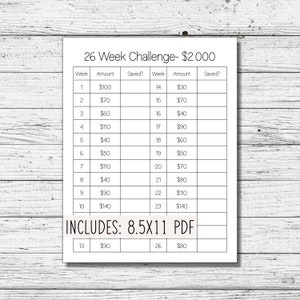 May include: A printable 26-week savings challenge chart with a goal of $2,000. The chart includes columns for week number, amount to save, and a space to mark if the amount was saved. The chart is designed to be printed on 8.5x11 inch paper.