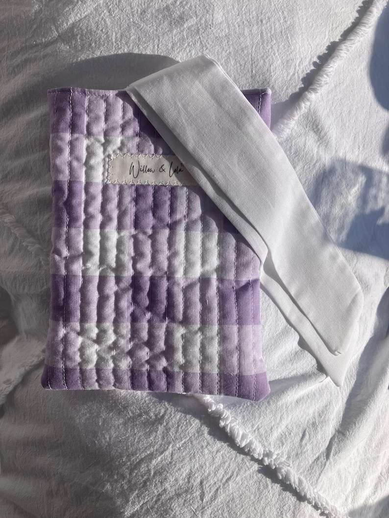Kindle sleeve, e-reader cover, padded Kindle case, ribbon tie Kindle sleeve, handmade Kindle cover, elegant Kindle sleeve, fabric e-reader case, custom Kindle sleeve, gift for book lovers, travel Kindle pouch, gingham