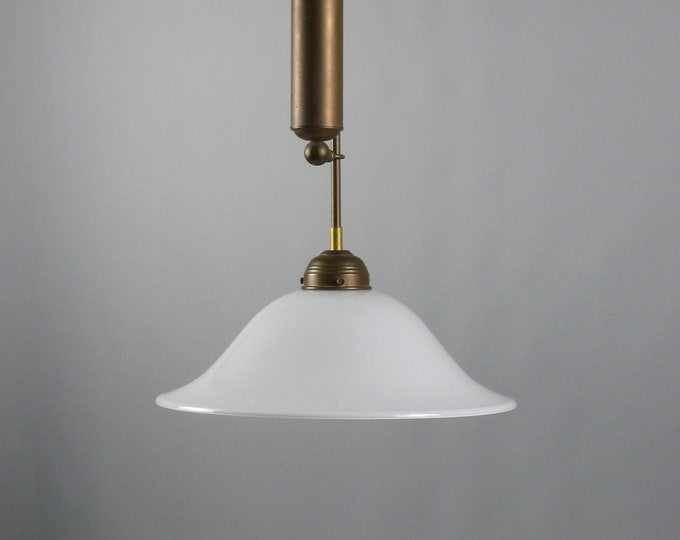 Pendant lamp, Art Nouveau pendant lamp made of burnished brass with opal glass shade and counterweight, vintage