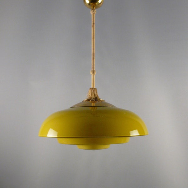 Large Art Deco rod pendant lamp with stepped glass shade and brass suspension - 1920-1940s - Vintage