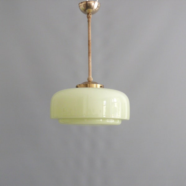 Art Deco glass rod pendant lamp in pastel green with brass suspension - Mid Century